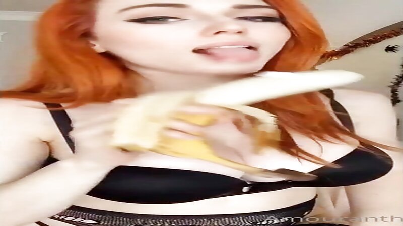 Amouranth Sucking a Banana in Black Lingerie