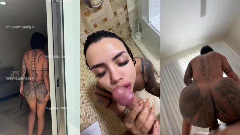 Delettraa Tattooed Latina Big Tits Cowgirl Ride, Fingering and Blowjob with Cumshot in Shower POV