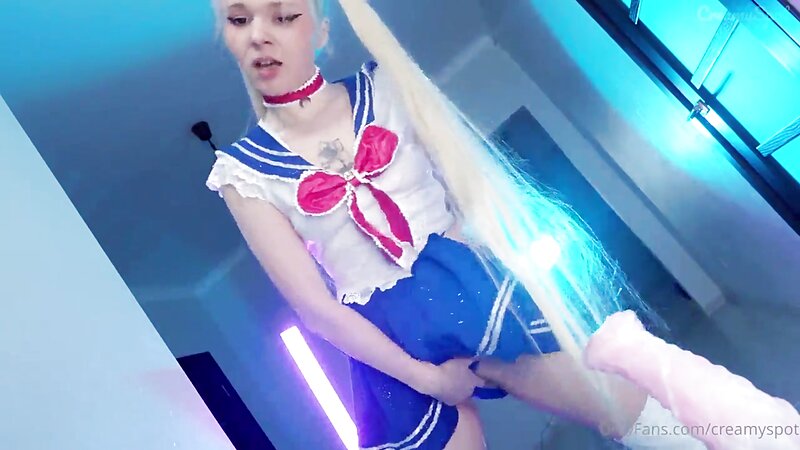 CreamySpot Sailor Moon Cosplay Double Penetration with Dildo and Cum Facial