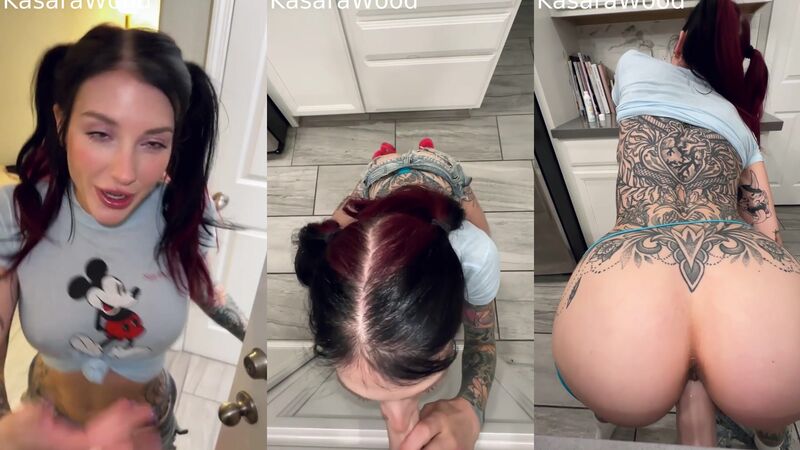 KasaraWood Sucks and Fucks a Mounted Dildo in POV with Big Tits and Tattoos