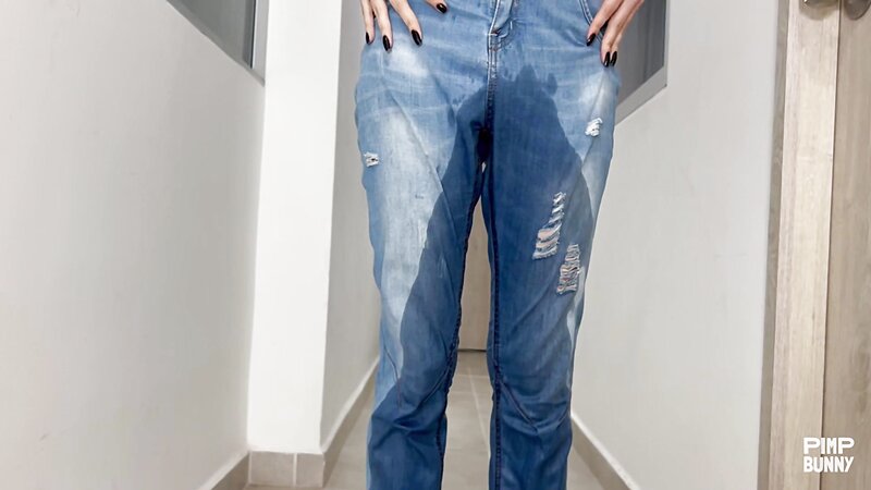 Minami Wetting Herself in Jeans with Tattoos and Black Nails Teasing in Closed Bathroom