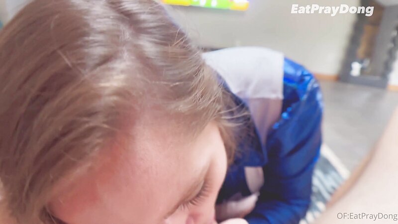 Eat Pray Dong Busty Blonde MILF Deepthroat Blowjob with Eye Contact and Cum Tasting